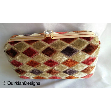 Gold Hard Body Box Clutch Bag With Diamante Clasp, Brown, Green And Grey Velvet Fabric Covered Purse